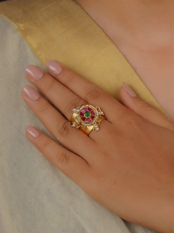 Colorful Gemstone Wedding Rings-Pink Color Gold Plated Mishr Ring - MR-RNG46P