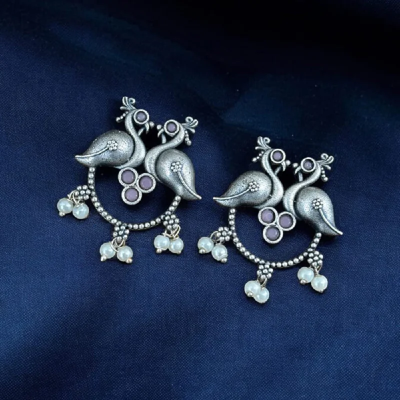 Floral Earrings for Women-Maharani Jewels Silver Plated Pota Stone Peacock  Dangler Earrings