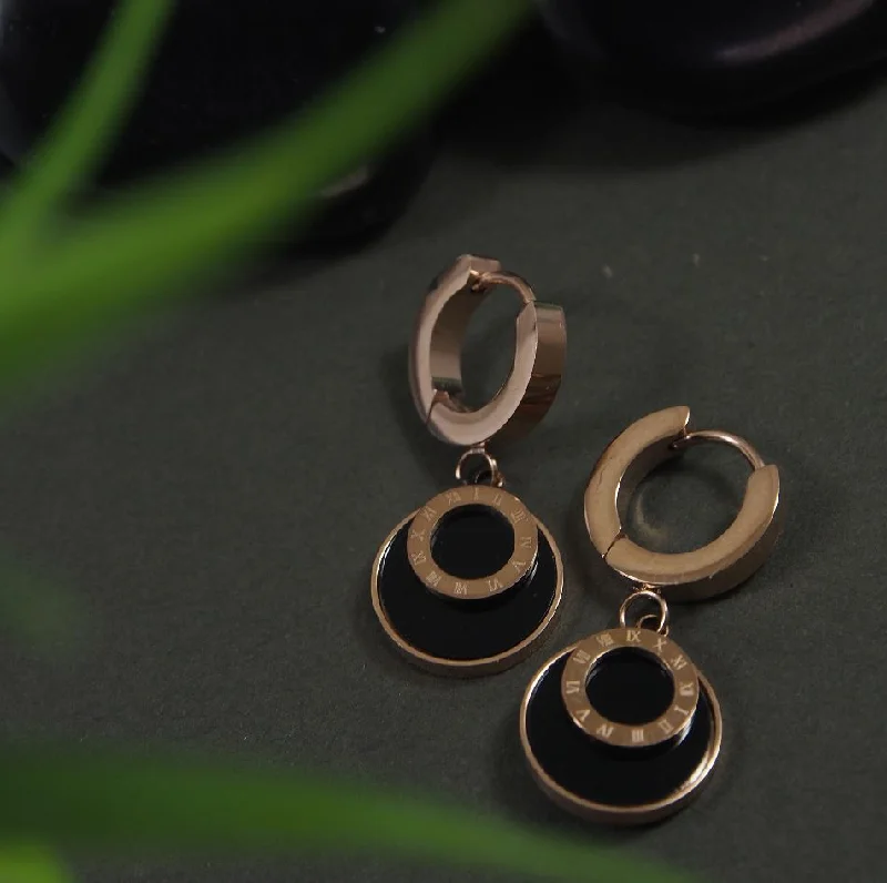 Layered Gold Earrings-Tarohi Jewels Stainless Steel Rosegold Plated Roman Numerals Inlaid Black Disc Stud Earring-STNER 2881