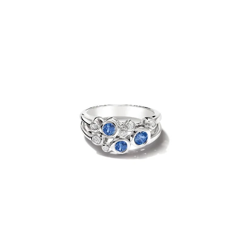 Simple Gold Rings for Men-Cirkel Two Row Ring 18ct White Gold - Blue Sapphire & Diamond