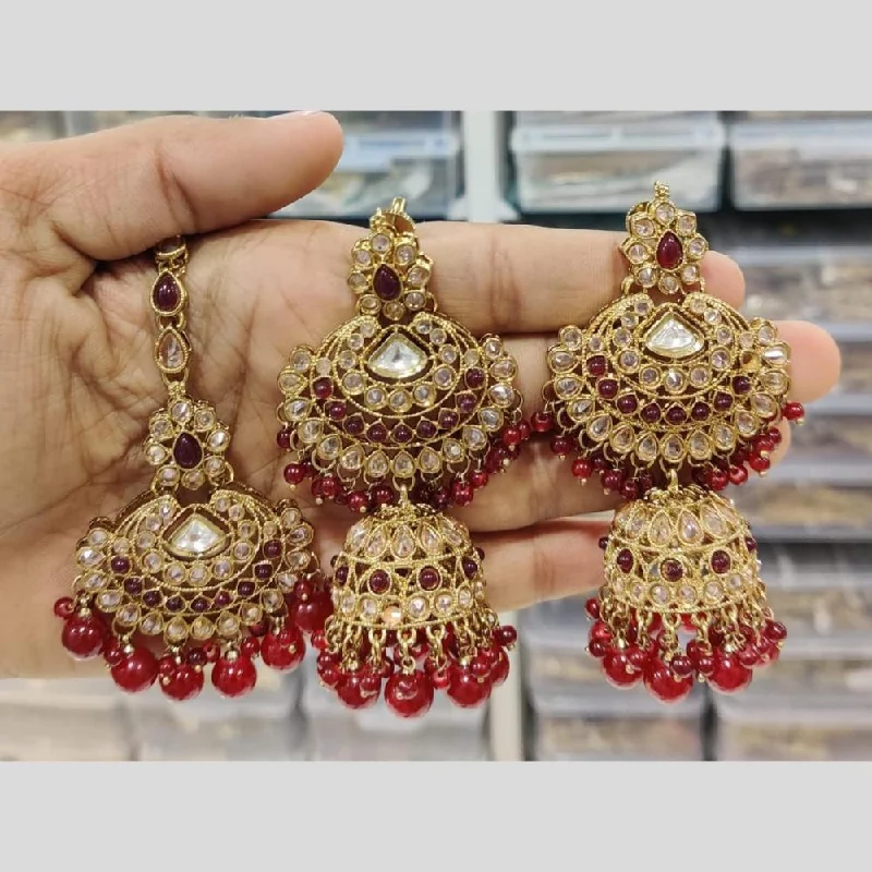 Layered Hoop Earrings-Manisha Jewellery Gold Plated Crystal Stone And Pearls Jhumki Earrings With Maangtika