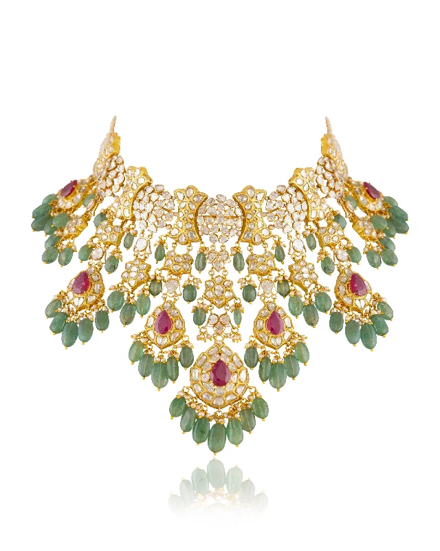 Elegant Layered Gold Necklaces-Zeenat Polki Necklace