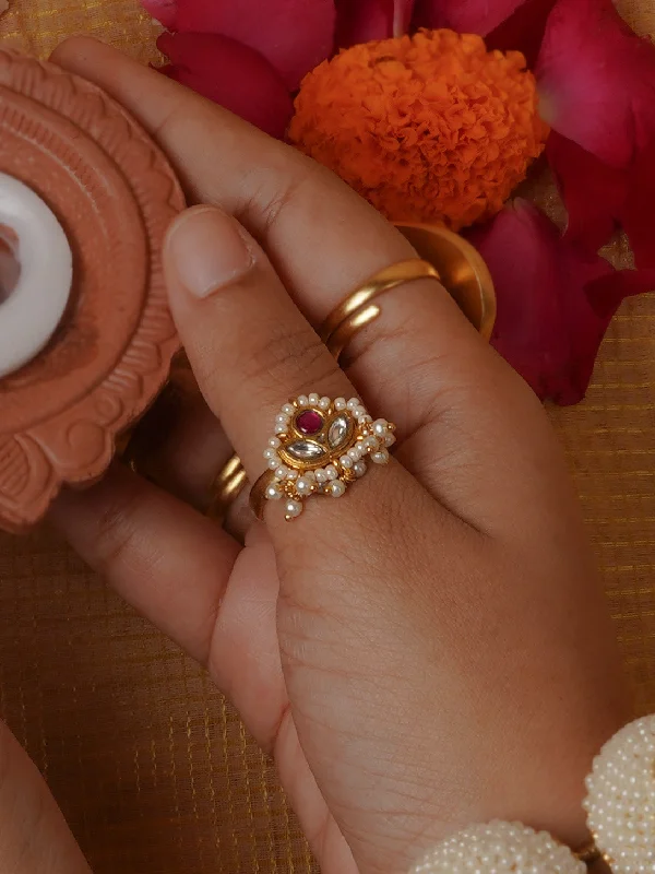 Elegant Engagement Rings-Pink Color Gold Plated Jadau Kundan Ring - MRNG197WP