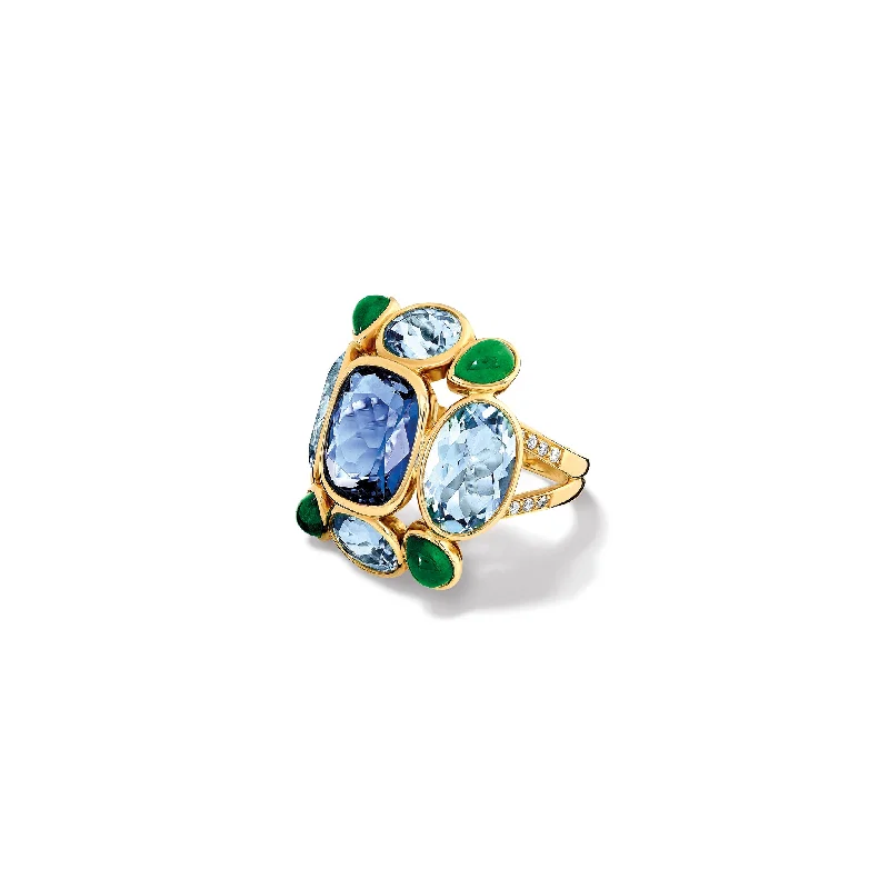 Custom Wedding Rings with Engraving-Luiza Ring 18ct Yellow Gold - Tanzanite, Aquamarine, Emerald & Diamond