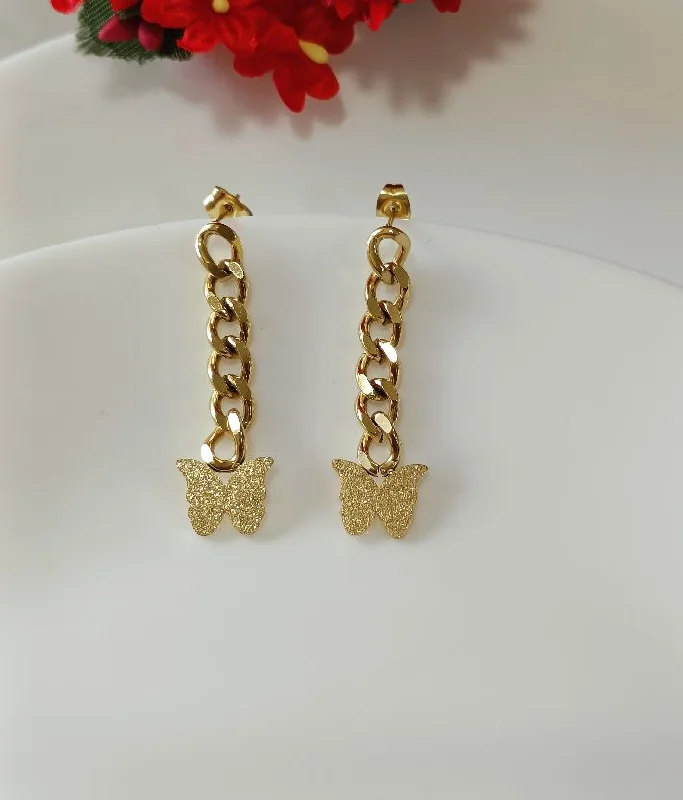 Vintage Crystal Earrings-Tarohi Jewels Stainless Steel Gold Plated Chain Butterfly Earring-STNER 2558