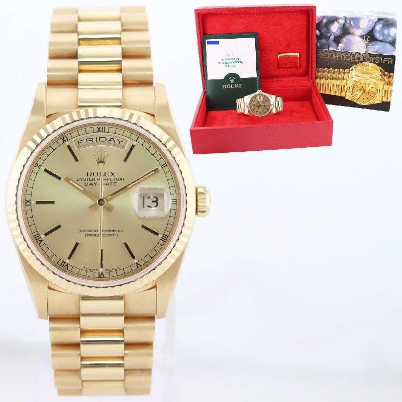 Affordable Leather Watches-Papers Unpolished Rolex President Champagne Double Quick 18238 Yellow Gold Watch