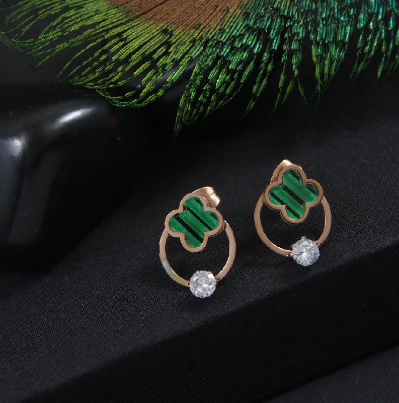 Light Crystal Earrings-Tarohi Jewels Stainless Steel Rosegold Plated Green Clover Stud Earring-STNER 2925