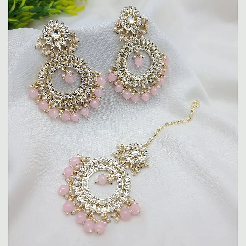 Bridal Jewelry Earrings-JCM Gold Plated Kundan Stone And Pearls Dangler Earrings With Maangtikka