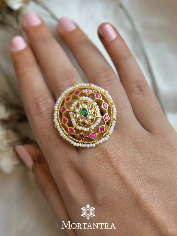 Simple Diamond Rings-Pink Color Gold Plated Jadau Kundan Ring - MRNG134P