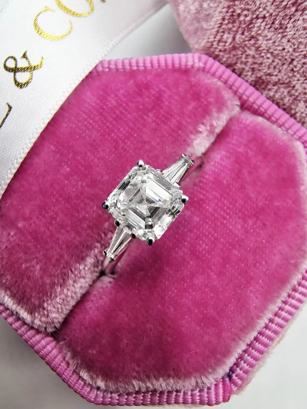 Stylish Couple Rings-1.51 Carats Asscher Cut with Tapered Baguette Side Stones Diamond Engagement Ring