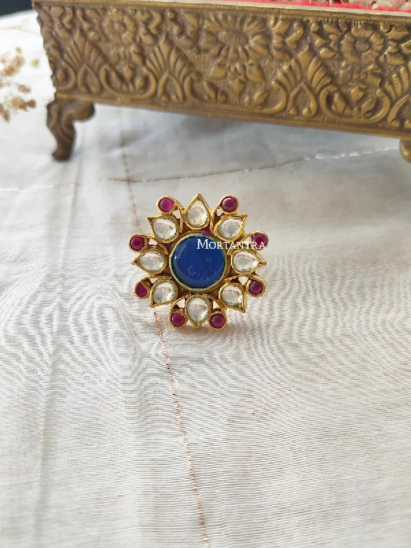 Rose Gold Engagement Rings-Multicolor Gold Plated Jadau Kundan Ring - MRNG94PB