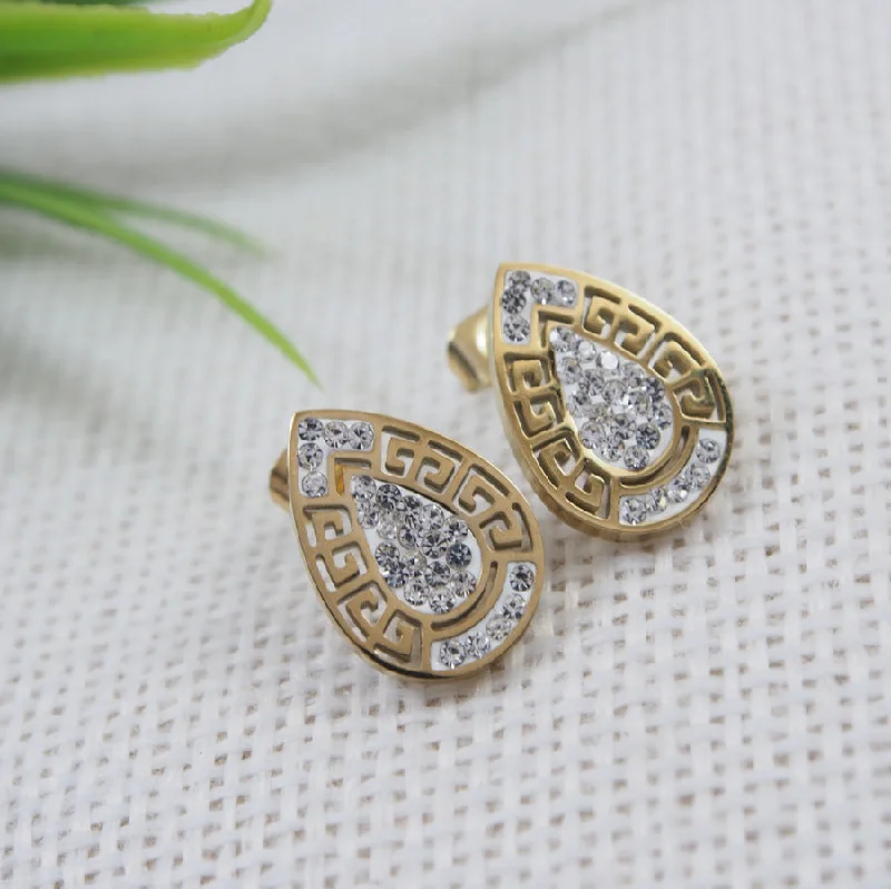 Ethnic Silver Earrings-Tarohi JewelsStainless Steel Gold Plated Tear Drop Shaped Stud Earring- STNER 3848