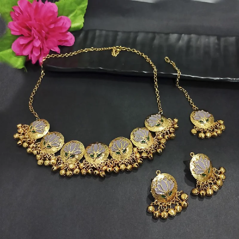 Natural Stone Necklaces-Kriaa Gold Plated Grey Meenakari Necklace Set With Maang Tikka - 1116022J