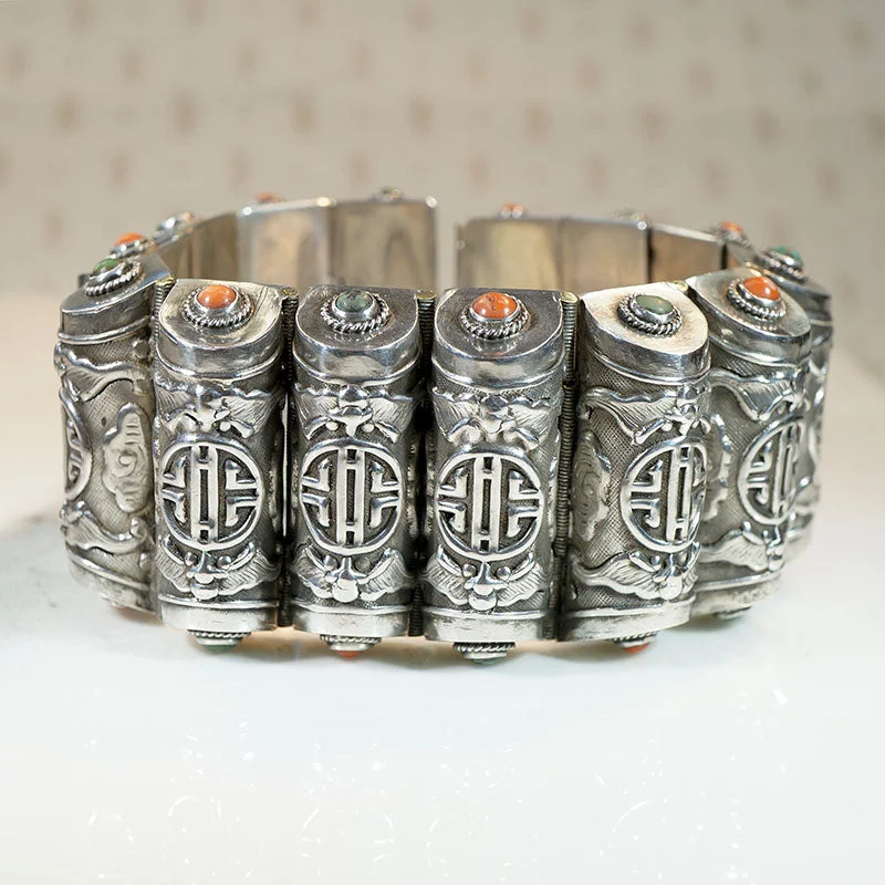 Custom Stone Bracelets-Auspicious Bat & Cloud Chinese Silver Bracelet