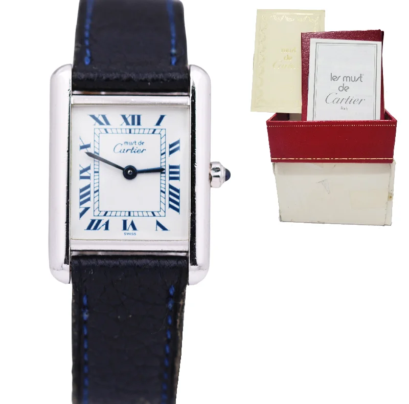 High-Tech Women’s Smart Watches-Must de Cartier Tank 666001 Silver Quartz Blue White Roman 29.5mm x 22mm Watch