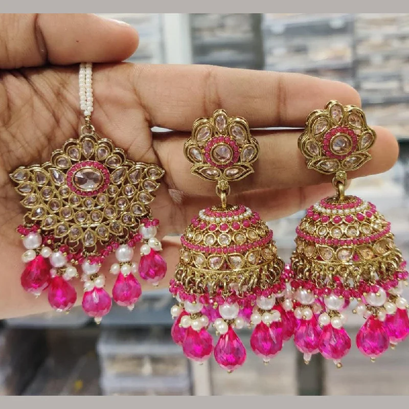 Personalized Earrings for Gifts-Manisha Jewellery Gold Plated Crystal Stone And Pearls Jhumki Earrings With Maangtika