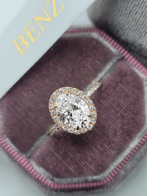 Handmade Gold Rings-2.60 Carats Lab Grown Oval Cut Micropave Halo Side Stones Diamond Engagement Ring