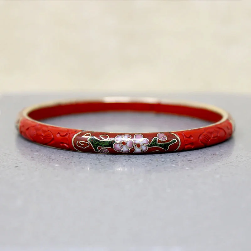 Custom Engraved Bracelets-Cinnabar Bangle with Cloisonné Flowers