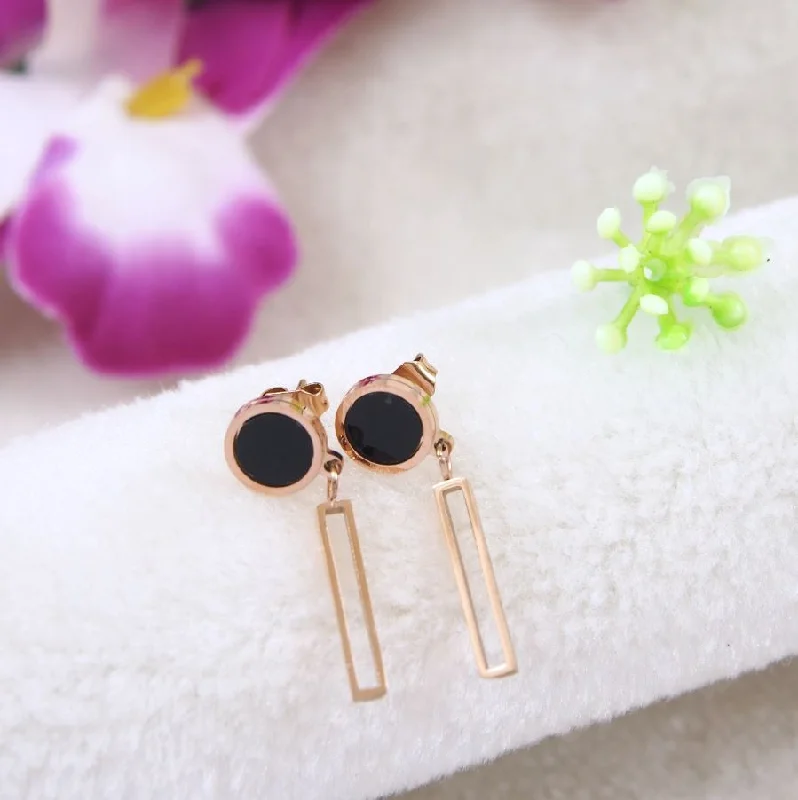 Colorful Hoop Earrings-Tarohi Jewels Stainless Steel Rosegold Plated Mini Black Disc Rectangle Hollow Bar Drop Earring- STNER 4028