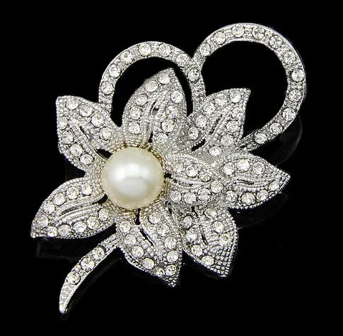 Fashionable Brooch with Heart Design-Silver Brooch Pearls & Crystal Wedding Fashion Jewelry BR-009