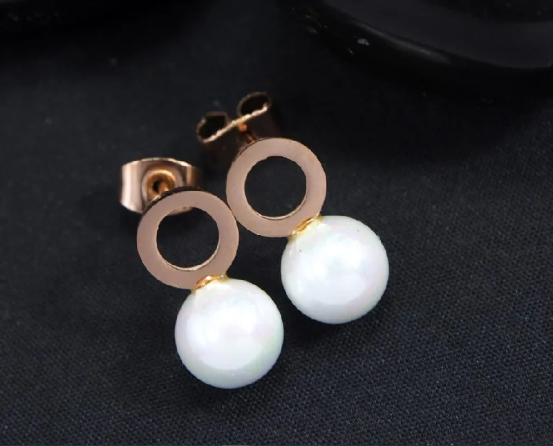 Handcrafted Silver Earrings-Tarohi Jewels Stainless Steel Rosegold Plated Pearl Stud Earring-STNER 2746