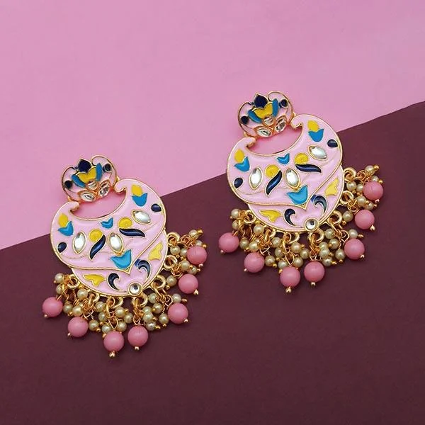 Elegant Diamond Drop Earrings-Kriaa Pink Meenakari And Beads Kundan Dangler Earrings - 1314207C