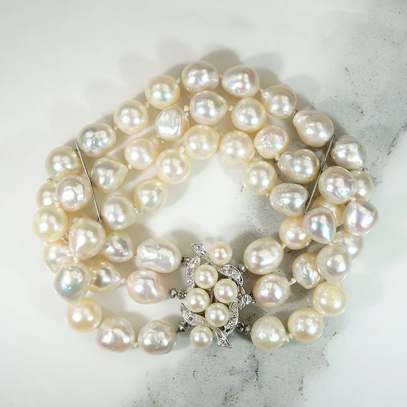 Fashionable Beaded Cuff Bracelets-Glamorous Three-Strand Pearl Bracelet with Pearl & Diamond Clasp