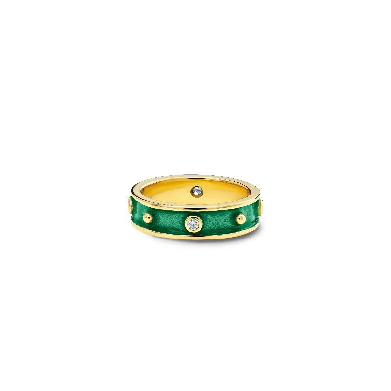 Colorful Gemstone Rings-Decimus Ring 18ct Yellow Gold - Emerald Green Enamel & Diamond