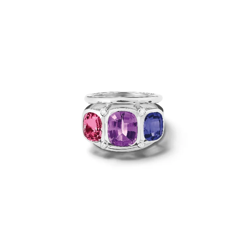 Trendy Gold Rings for Women-Ozymandias Ring 18ct White Gold - Amethyst, Pink Tourmaline, Iolite & Diamond