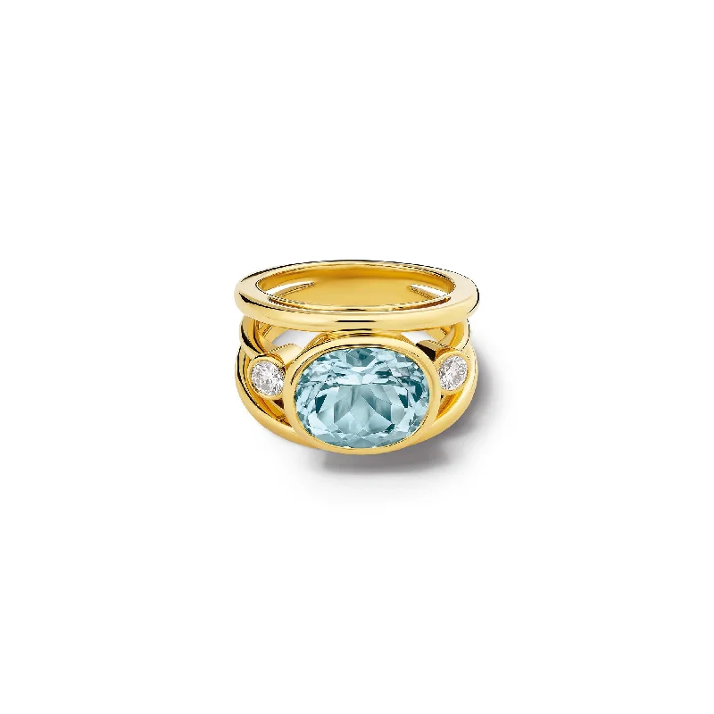 Statement Sapphire Rings-Aeneus Roman Ring 18ct Yellow Gold - Aquamarine & Diamond