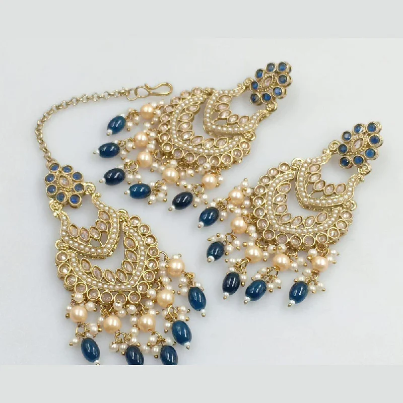 Small Hoop Earrings-Rani Sati Jewels Gold Plated Crystal Stone And Pearls Dangler Earrings With Maangtikka