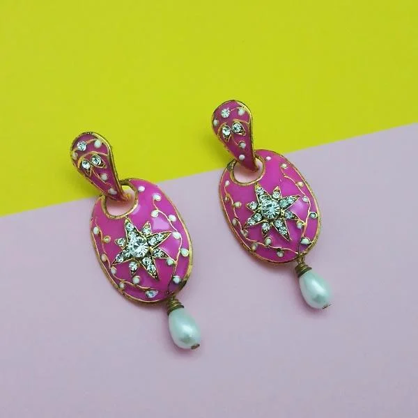 Unique Boho Earrings-Kriaa Stone Pink Meenakari Drop Gold Plated Dangler Earring