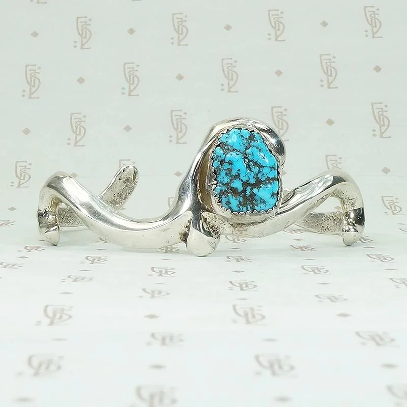 Silver Birthstone Bracelets-Silver & Turquoise Cuff with Romantic Flourish