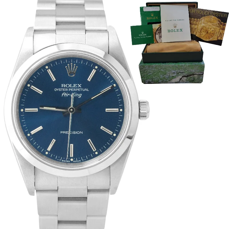 Waterproof Outdoor Watches-PAPERS BOX Rolex Oyster Perpetual Air-King 34mm Blue Stick Oyster Watch 14000