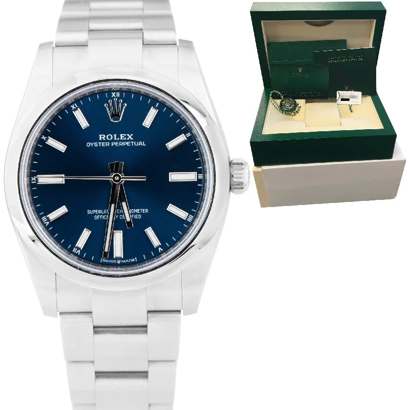 Trendy Leather Strap Watches for Women-NEW APR. 2022 Rolex Oyster Perpetual 34mm Stainless Steel Blue Watch 124200