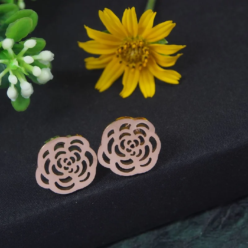 Cute Flower Earrings-Tarohi JewelsStainless Steel Rosegold Plated Floral Stud Earring-STNER 2848