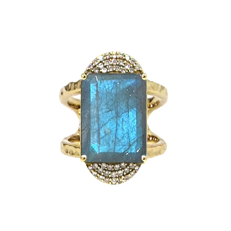 Black Gold Engagement Rings-GOLD KOSOR EMERALD CUT LABRADORITE & CRYSTAL COCKTAIL RING