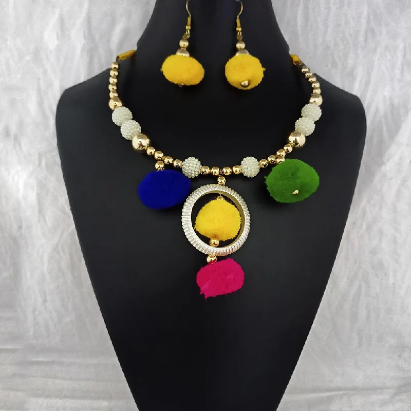 Affordable Necklaces for Women-Jeweljunk Gold Plated Multicolor Pom Pom Necklace Set  - 1115671