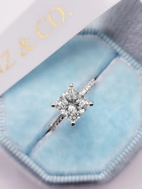 Custom Heart-Shaped Rings-2.50 Carats Lab Grown Princess Cut Micropaved Side Stones Hidden Halo Diamond Engagement Ring