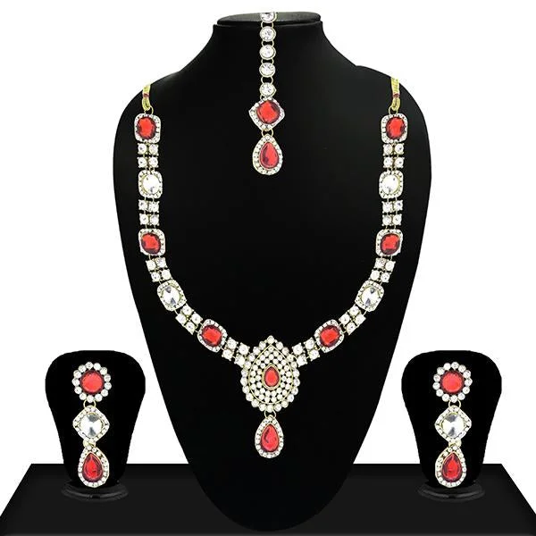 Chunky Bead Necklaces-Vivant Charms Red Crystal Stone Neckace Set With Maang Tikka - 1105107