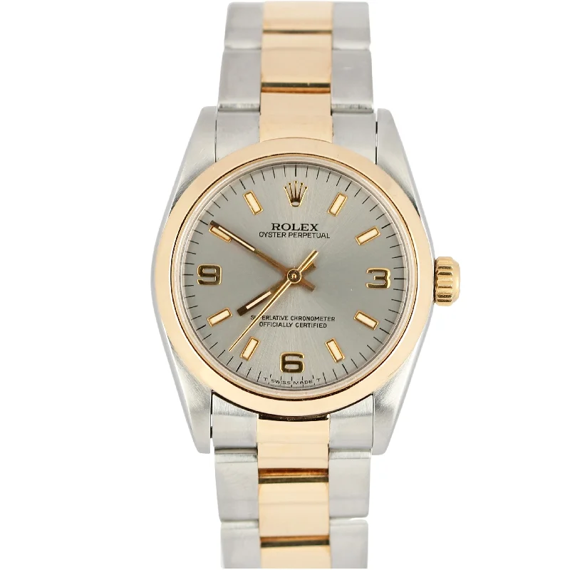 Personalized Watches for Couples-Rolex Oyster Perpetual 31mm Two Tone 18K Yellow Gold Stainless Gray 67483 Watch