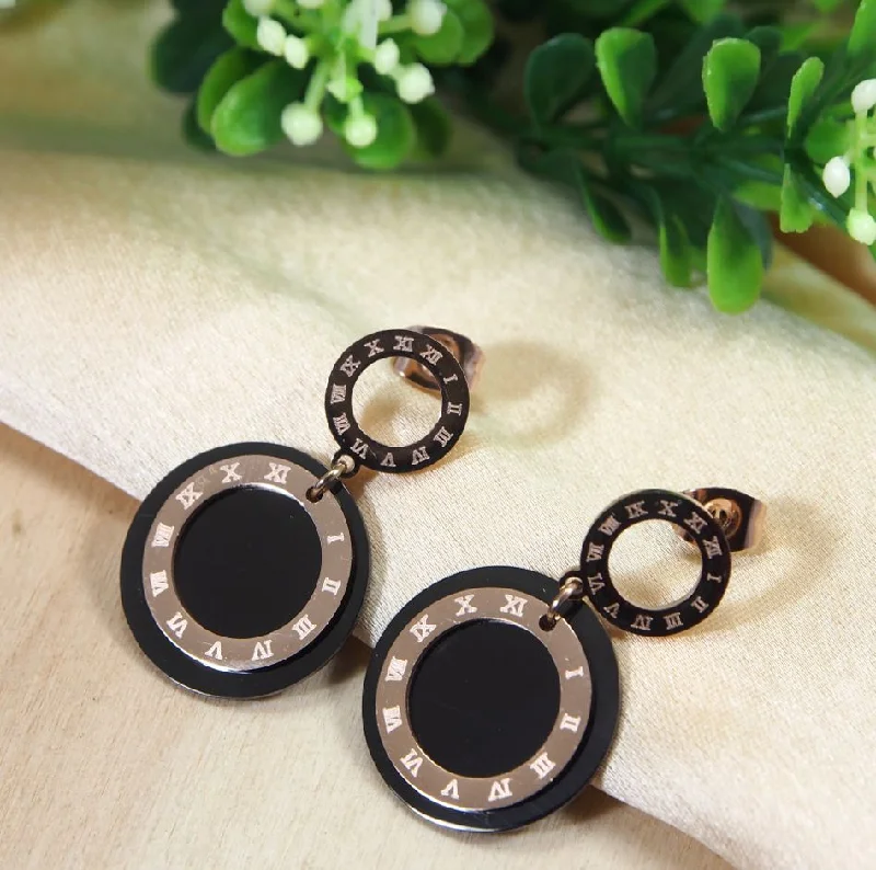 Elegant Long Earrings-Tarohi Jewels Stainless Steel Rosegold Plated Roman Numerals Inlaid Black Disc Earring-STNER 2732