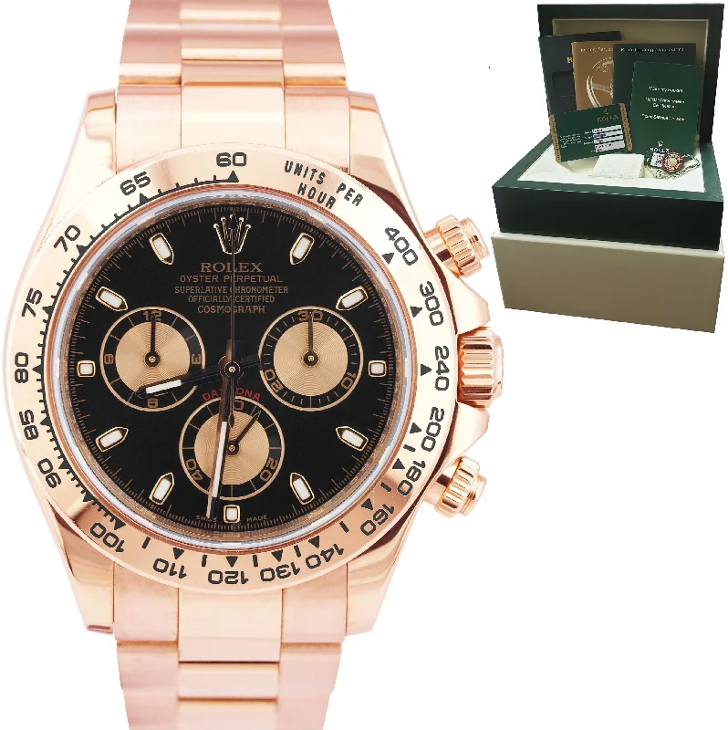 Women’s Solar Powered Watches-UNPOLISHED Rolex Daytona Cosmograph Black 40mm 18K Rose Gold Watch 116505 PAPERS