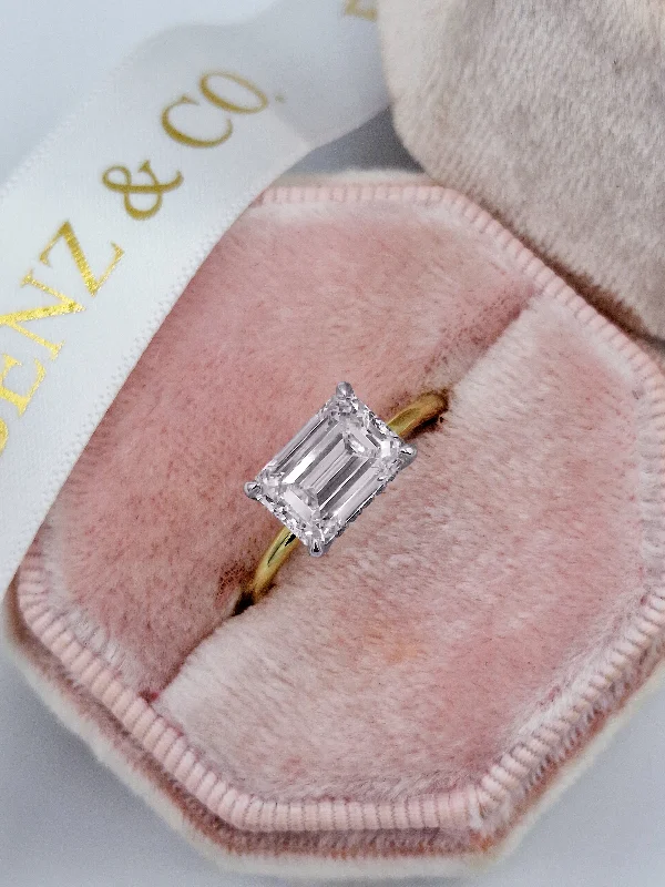 Custom Vintage Rings-2.36 Carats Lab Grown Emerald Cut East-West Two Tone Solitaire Hidden Halo Diamond Engagement Ring