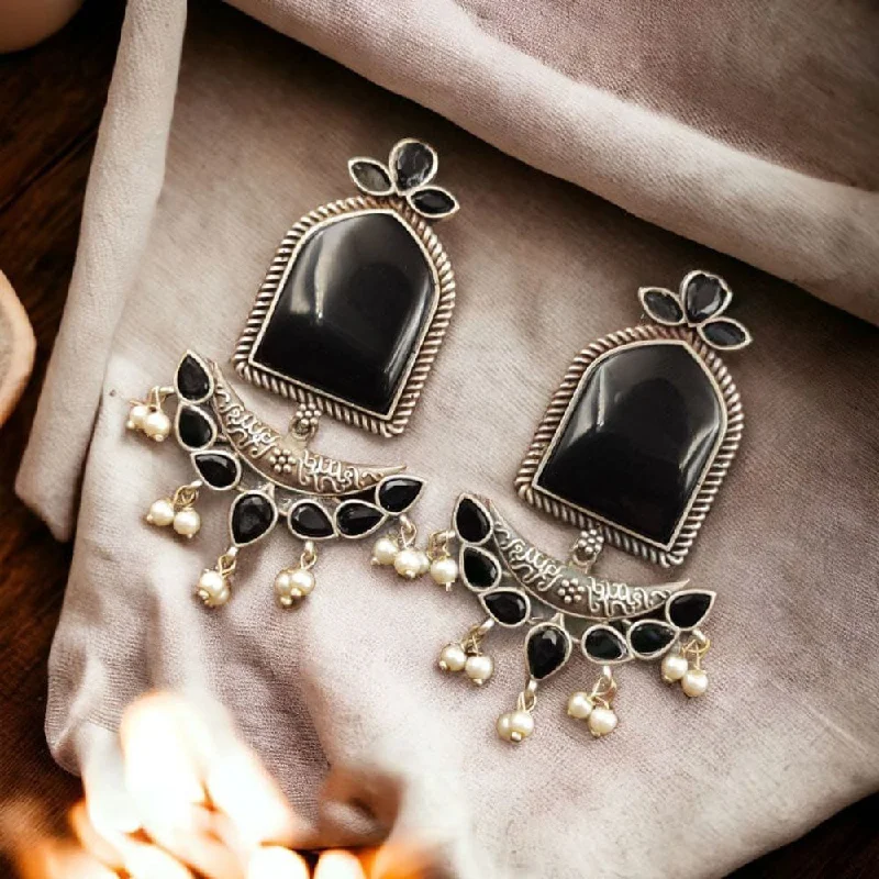 Sterling Silver Earrings-Maharani Jewels Oxidised Plated Pota Stone And Pearl Dangler Earrings