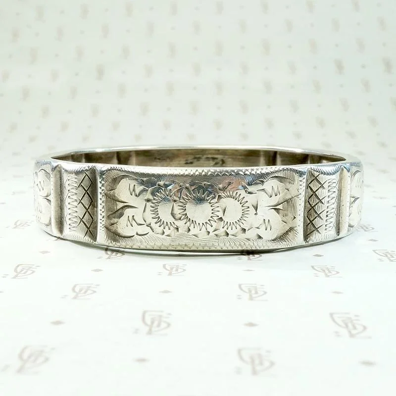 Bold Leather Bracelets-Flowers & Laces Engraved 19th Century Silver Bangle