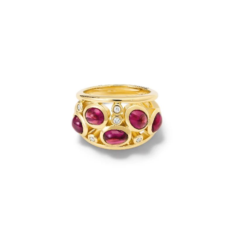 Gold Band Engagement Rings-Multi Aeneus Ring 18ct Yellow Gold - Cabochon Rhodolite Garnet & Diamond