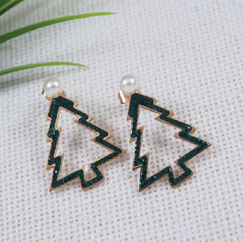 Bright Colored Earrings-Tarohi Jewels Stainless Steel Rosegold Plated Christmas Tree Drop Earring- STNER 3866