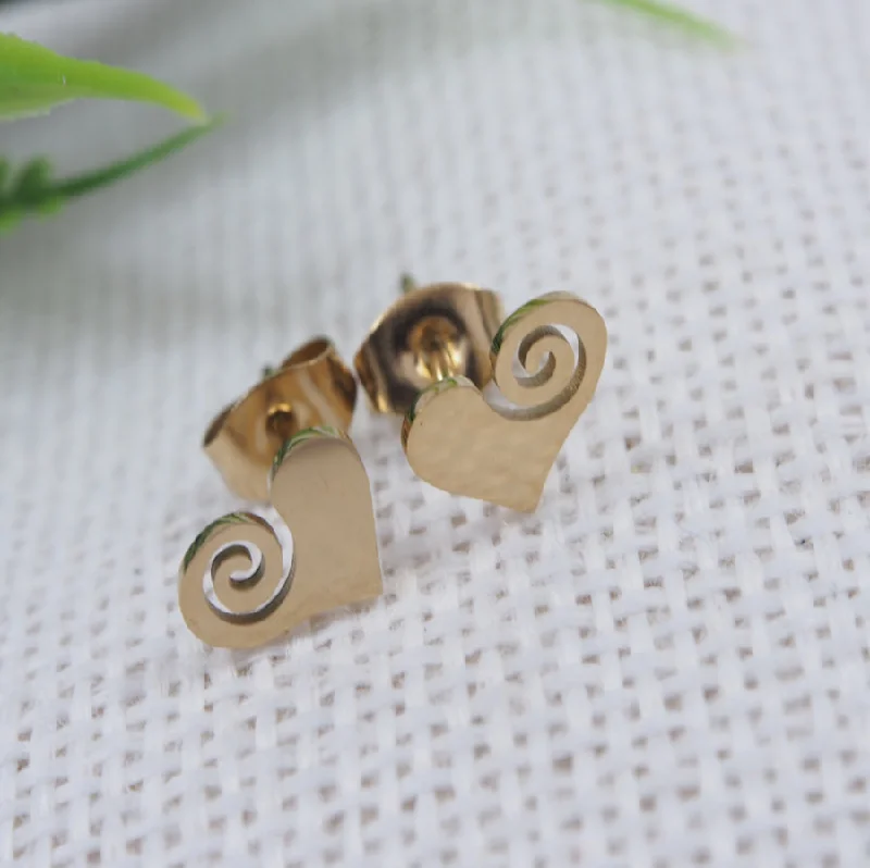 Retro Style Earrings-Tarohi Jewels Stainless Steel Gold Plated Spiral Heart Stud Earring- STNER 3885