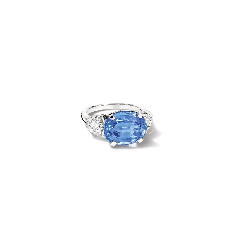 Chunky Silver Rings-Katie Horizontal Engagement Ring 18ct White Gold - Blue Sapphire & Diamond